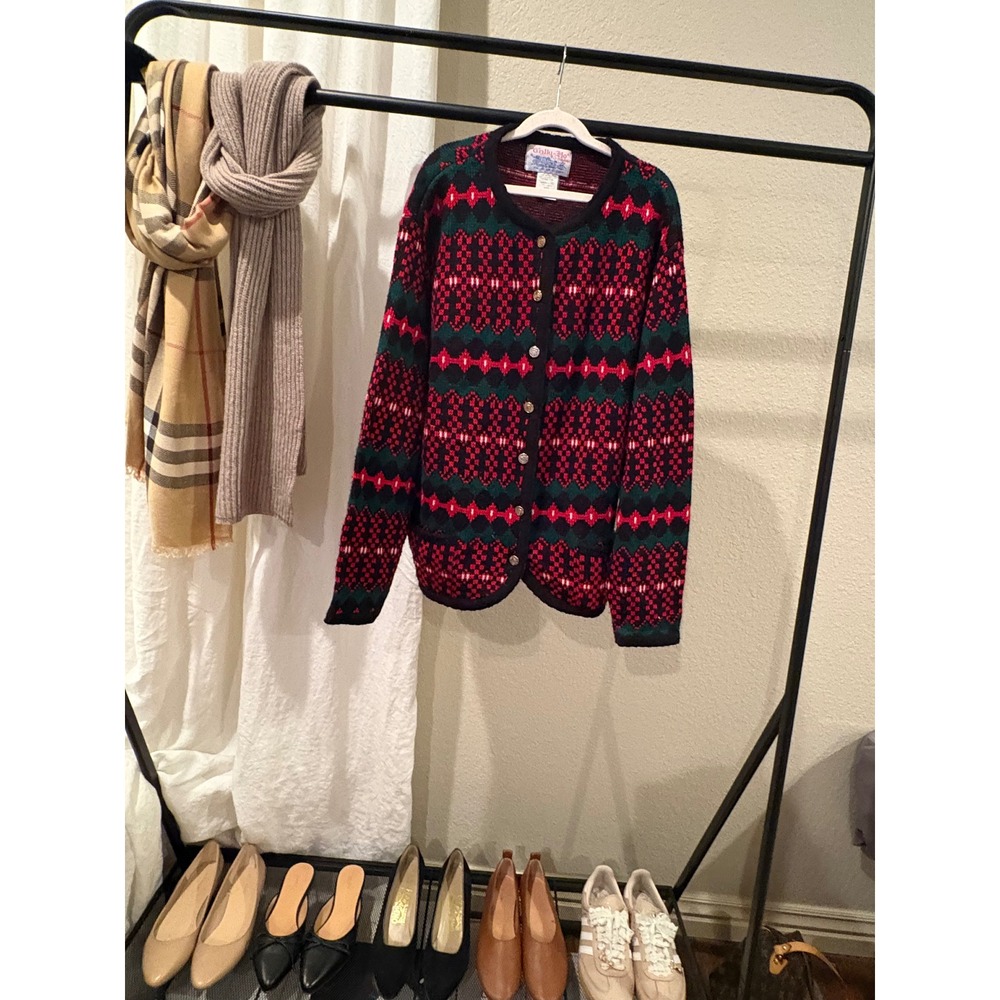 Vintage Tally-Ho Red Green Geometric Knit Button Front Cardigan Sweater XL